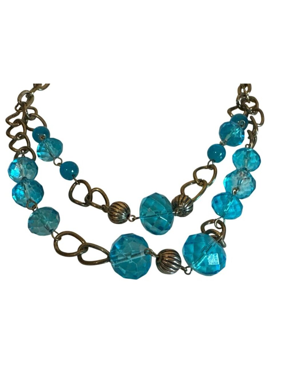 Vintage Gold-Tone Necklace Clear Blue Bead Faceted Double-Strand Chunky Career